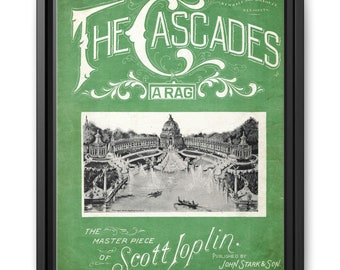 Framed Sheet Music Print &quot;The Cascades&quot; by Scott Joplin (1904) on Matte Canvas, Multi-color/sizes, Vintage Home Decor Wall Art