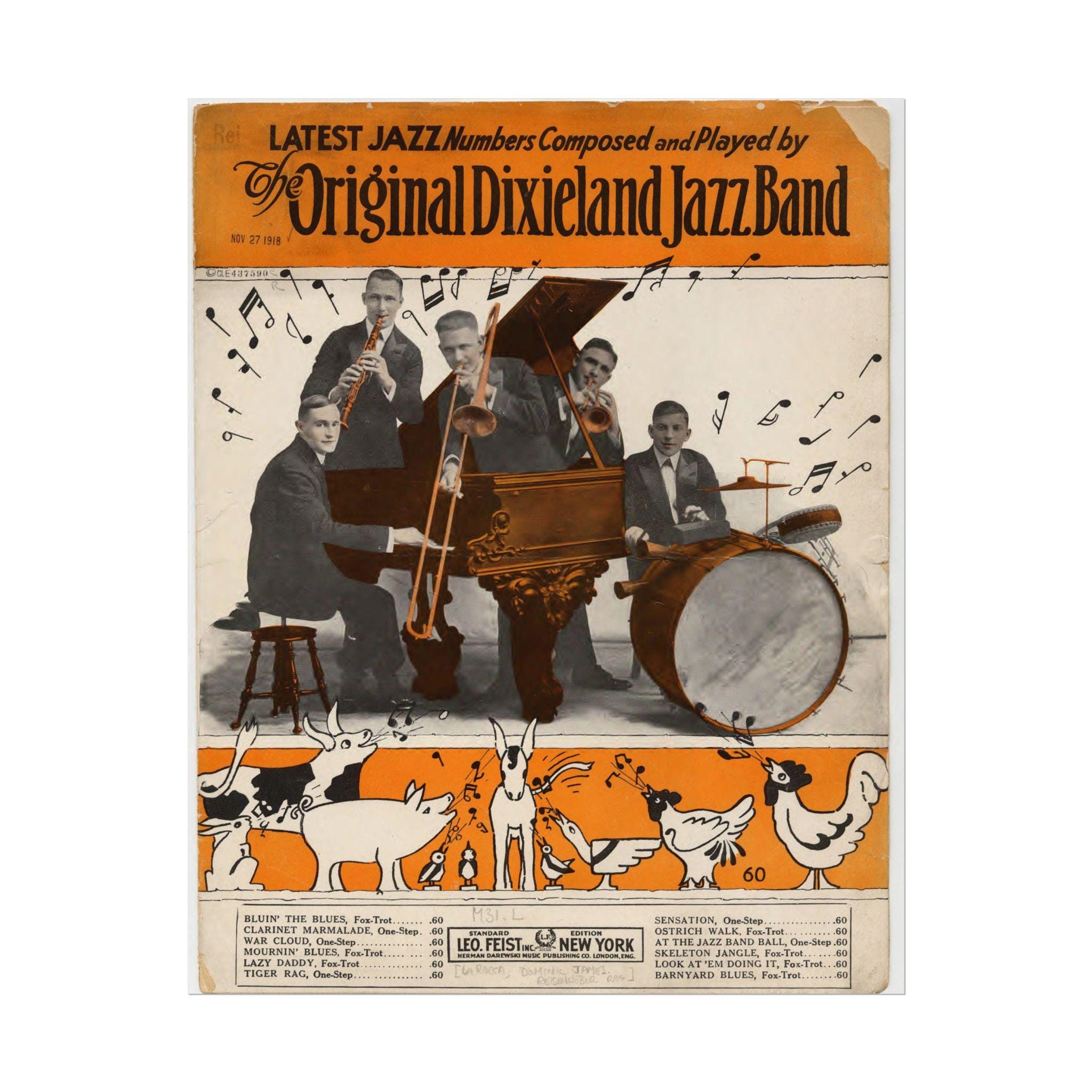 Poster "Original Dixieland Jazz Band" sheet music cover,  3 options - Fine Art, Semi-gloss and Matte + sizes, Vintage Home Decor Wall Art