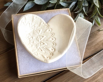 Lace Impressed Heart Shaped Ring Dish | Ceramic Wedding Ring Holder | Wedding Favors | Engagement Ring Dish | Engagement Gift | Gift for Her