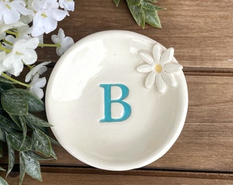 Daisy Ring Dish - Ceramic Ring and Trinket Dish Featuring Daisy Applique, Available with Monogram
