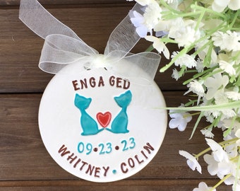 Cat Couple Personalized Ceramic Engagement Ornament or Wedding Ornament | Fun Engagement Gift or Wedding Gift for Cat Lovers | Cat Themed