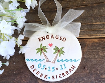 Personalized Engagement Ornament - Beach Engagement | Engaged Ornament |  Engagement Gift | Ceramic Beach Wedding Ornament