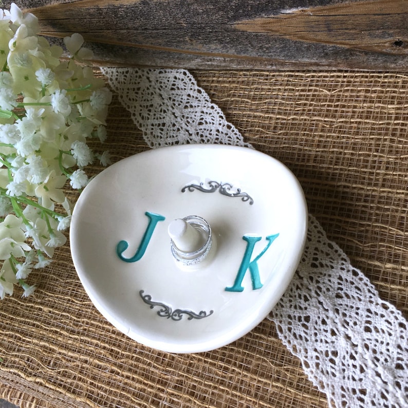 Monogrammed Wedding Ring Holder Ring Dish w/ Double Monogram Personalized Ceramic Ring Dish Wedding Gift for Couple image 4