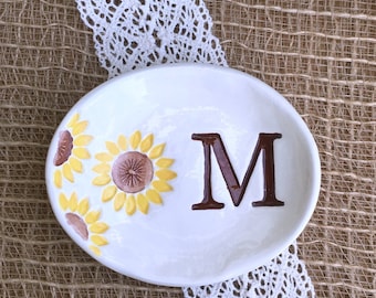 Bridesmaid Gift Dish, Oval Sunflower Ring Bowl, Jewelry Bowl, Personalized Ring Dish, Trinket Dish, Ring Holder Dish, Ring Dish Personalized