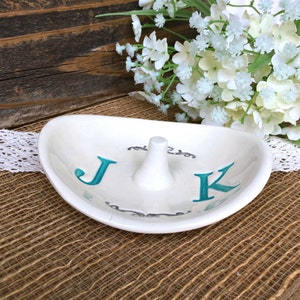 Monogrammed Wedding Ring Holder Ring Dish w/ Double Monogram Personalized Ceramic Ring Dish Wedding Gift for Couple image 3