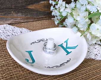 Monogrammed Wedding Ring Holder - Ring Dish w/ Double Monogram - Personalized Ring Dish Wedding Gift for Couple - Ring Pillow Alternative