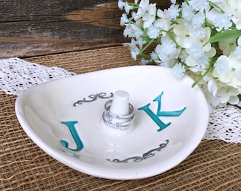 Monogrammed Wedding Ring Holder - Ring Dish w/ Double Monogram | Personalized Ceramic Ring Dish | Wedding Gift for Couple