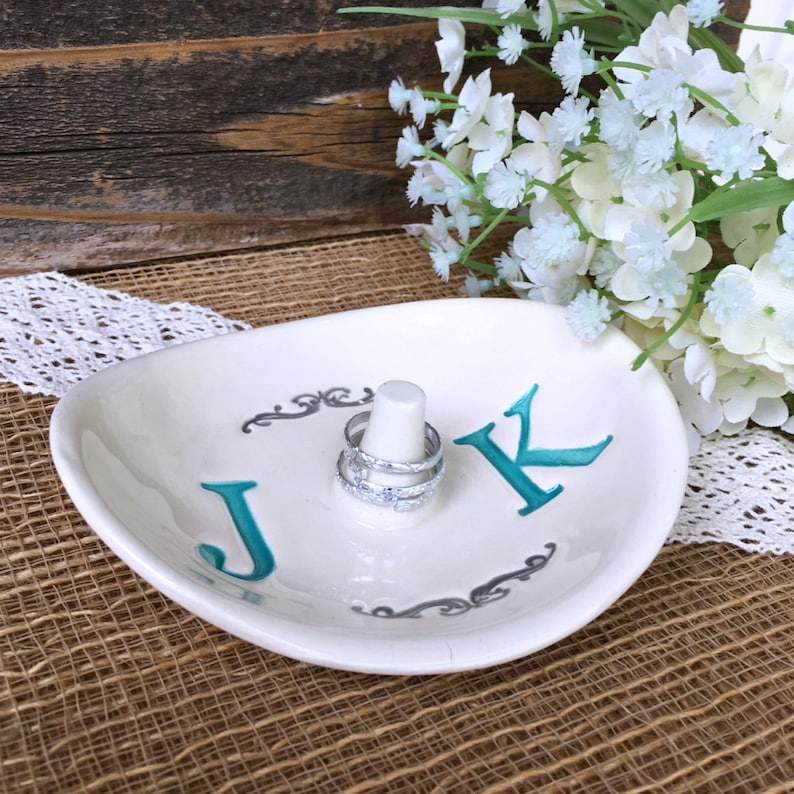 Monogrammed Wedding Ring Holder Ring Dish w Double Monogram Wedding Gift for Couple Personalized Ceramic Ring Dish