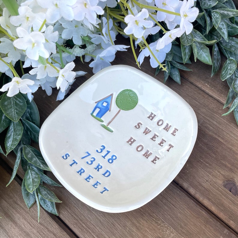 Personalized Housewarming Gift Personalized Home Sweet Home Ceramic Gift Dish, First Home Gift w/ House Address, Hostess Gift image 3