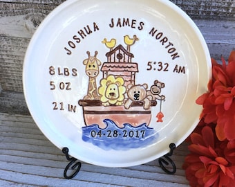 Noah's Ark Birth Plate w/ Plate Stand | Gift for Baby | Baby Plate Personalized | Birth Announcement Plate Personalized | New Mom Gift