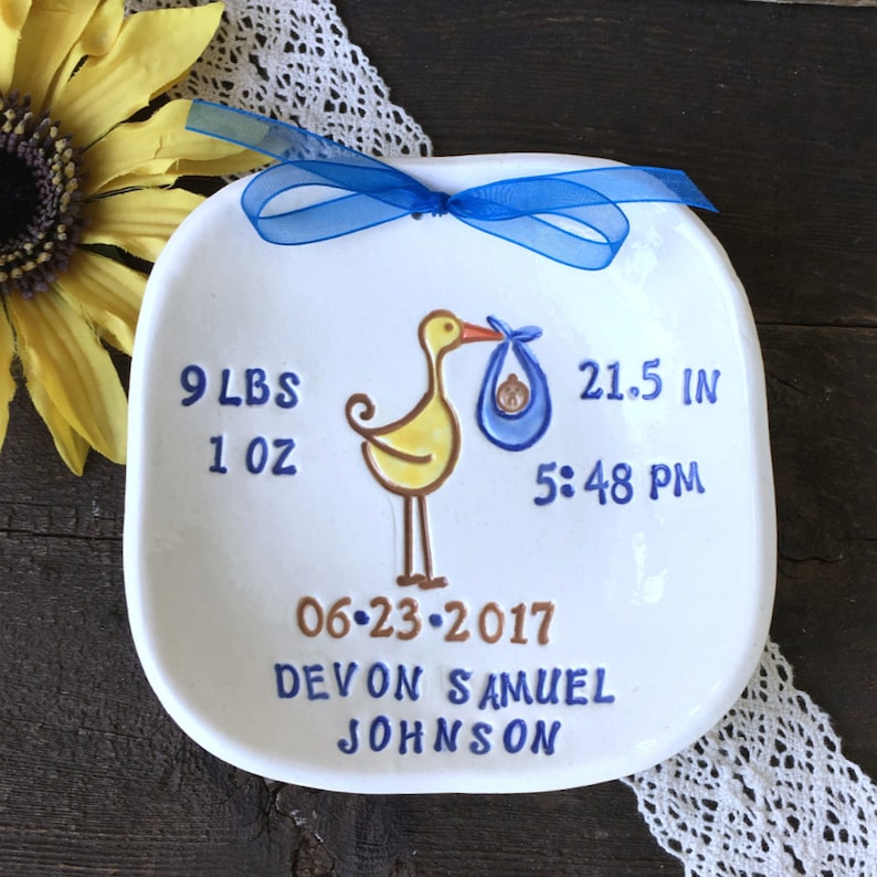 Stork Personalized Baby Birth Announcement New Baby Gift Personalized Birth Plate Newborn Keepsake Nursery Decor New Mommy Gift image 2