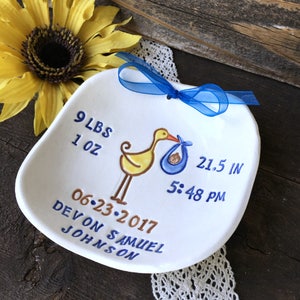 Stork Personalized Baby Birth Announcement New Baby Gift Personalized Birth Plate Newborn Keepsake Nursery Decor New Mommy Gift image 1