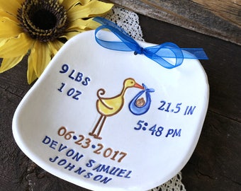 Stork Personalized Baby Birth Announcement - New Baby Gift Personalized Birth Plate | Newborn Keepsake Nursery Decor | New Mommy Gift