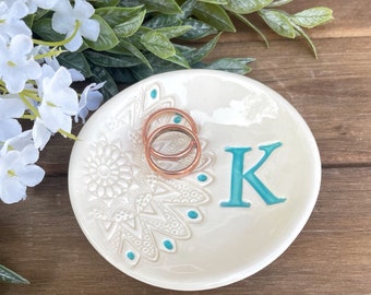 Unique Bridesmaid Gift or Wedding Gift - Lace Impressed Monogrammed Ceramic Ring Dish | Personalized Wedding Ring Holder | Trinket Dish