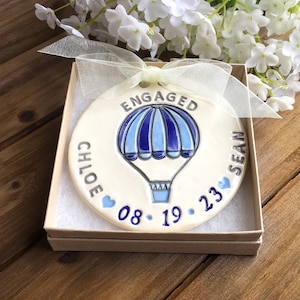 Engaged Ornament Hot Air Balloon Proposal Ceramic Engagement Ornament Wedding Ornament Engagement Gift Idea Gifts for Couple image 1