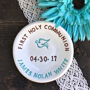 First Communion Gift - Personalized Ceramic Religious Keepsake Favor | Dove Trinket Dish | First Holy Communion Favor | Confirmation Gift