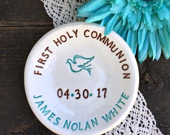 First Communion Gift - Personalized Ceramic Religious Keepsake Favor | Dove Trinket Dish | First Holy Communion Favor | Confirmation Gift