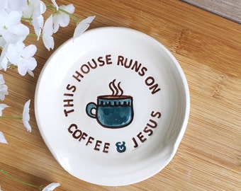 Coffee & Jesus Ceramic Kitchen Spoon Rest | Funny Spoon Rest | Coffee Lovers Gift | Ceramic Spoon Holder | Pottery Spoon Rest | Coffee Nook