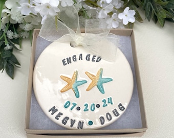 Beach Themed Star Fish Engagement Ornament - Personalized Engagement Gift for Couple | Ceramic Ornament for Engagement or Wedding