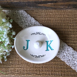 Monogrammed Wedding Ring Holder Ring Dish w/ Double Monogram Personalized Ceramic Ring Dish Wedding Gift for Couple image 2
