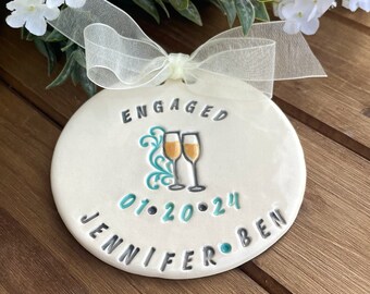 Champagne Celebration Engagement Ornament - Personalized Handcrafted Ceramic Ornament  for Newly Engaged Couples