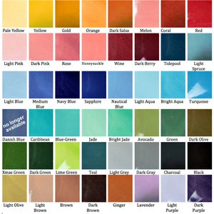 May include: A color chart featuring a spectrum of hues, including pale yellow, gold, red, and various shades of blue, green, and purple. Each color is labeled with its name, such as "Navy Blue" and "Lime Green".