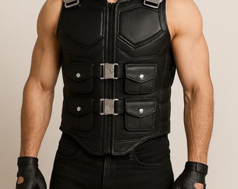 Tactical Faux Leather Vest: Cyberpunk Cosplay Outfit with Utility Buckles