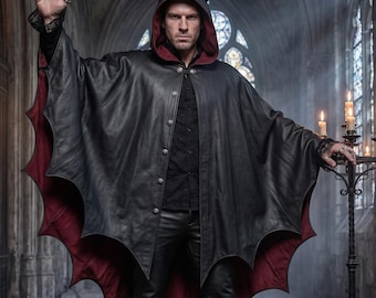 Handmade Black Leather Bat Wing Cape with Devil Horns, Gothic Vampire Cloak