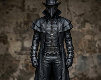 May include: A black leather-look plague doctor costume featuring a long coat with multiple buckles, a high-collared capelet, and matching trousers. The ensemble includes a top hat, a bird-like beak mask, gloves, and buckled boots with chain details.