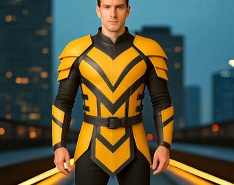 May include: A yellow and black superhero costume with a V-shaped design. The costume includes a jacket, pants, and boots. The jacket has shoulder pads and a belt. The background features a city skyline.