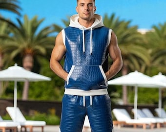 Blue Crocodile Embossed Leather Hoodie & Shorts Set - Custom Handmade Streetwear