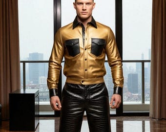 Men’s Handmade Gold Leather Shirt & Crocodile Shorts | Biker Outfit