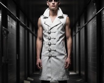 Handmade White Leather Gothic Trench Vest: Buckled Steampunk Cosplay