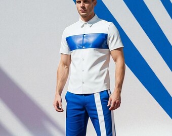 Handmade Leather Shirt & Shorts Set: White and Blue Athletic Outfit