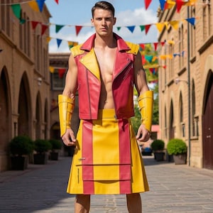 Men&#39;s Handmade Leather Gladiator Vest and Kilt Set | Red & Yellow Festival Armor | Cosplay, Fashion, Warrior Outfit | Gift for him