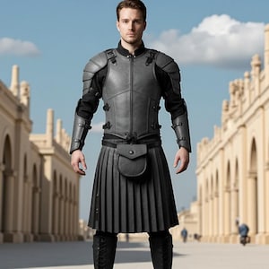 Men&#39;s Real Leather Tactical Kilt Armor Outfit: Medieval Cosplay Costume