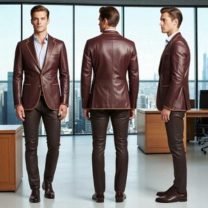 May include: A three-piece ensemble featuring a burgundy leather blazer with tan trim, matching trousers, and dress shoes. The blazer has a two-button closure and a notched lapel. The outfit is worn with a light blue dress shirt. The ensemble is displayed in a modern office setting.