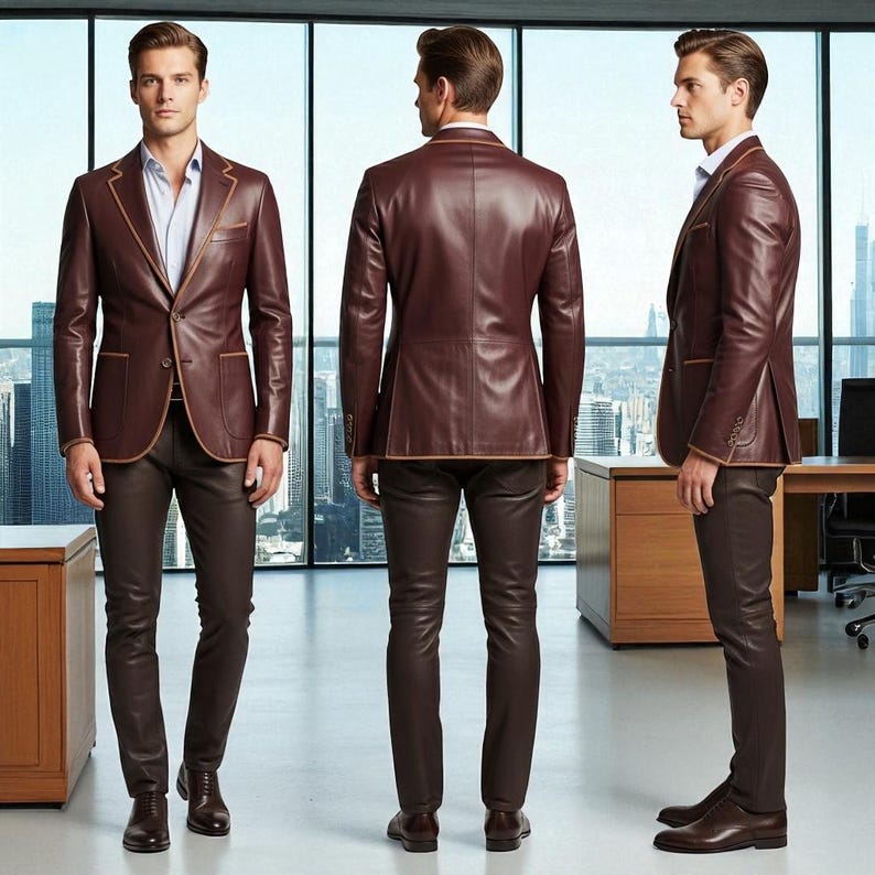 May include: A three-piece ensemble featuring a burgundy leather blazer with tan trim, matching trousers, and dress shoes. The blazer has a two-button closure and a notched lapel. The outfit is worn with a light blue dress shirt. The ensemble is displayed in a modern office setting.