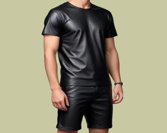 Genuine Leather Men's Blue Shirt & Shorts Set: Handmade Summer Outfit