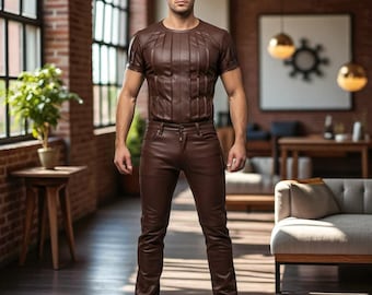 Conjunto de cuero marrón hecho a mano: camisa y pantalón ajustados