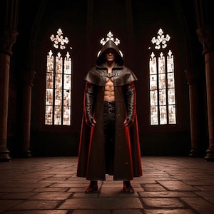 May include: A hooded, leather cloak with a red lining is worn in a dimly lit gothic setting. The cloak is open, revealing a muscular torso. The image is set in a cathedral with stained glass windows.