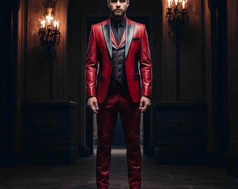 Handmade Red & Black Leather Suit: Gothic Wedding, Cosplay