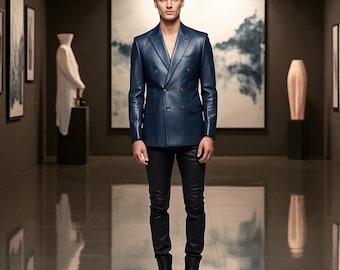 Handmade Navy Leather Blazer Suit: Slim Fit Double Breasted Outfit