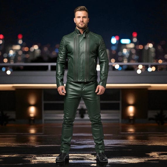 Men's Green Leather Biker Outfit: Custom Fit Motorcycle Jacket & Pants Men's Green Leather Biker Outfit: Custom Fit Motorcycle Jacket & Pants