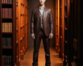 Men's Brown Leather 3 Piece Suit: Handmade Vintage Wedding Outfit