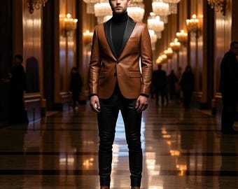 Handmade Brown Leather Blazer & Black Pants Set: Formal Slim Fit