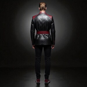 Peut inclure: Veste en cuir noir &agrave; effet crocodile, avec des empi&egrave;cements d'&eacute;paules bordeaux et une ceinture assortie. La veste est port&eacute;e avec un pantalon noir et des chaussures bordeaux. Le style est moderne et sophistiqu&eacute;.