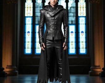 Trench à capuche en cuir noir fait main : tenue de cosplay gothique steampunk