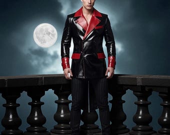 Handgefertigter Gothic Leder Trenchcoat: Vampir Cosplay, rote Akzente