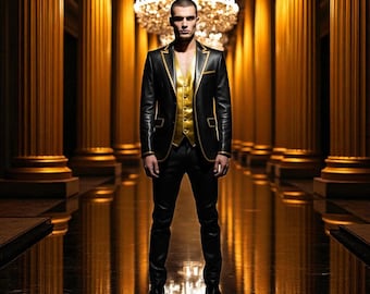 Traje de cuero negro hecho a mano: blazer, chaleco y pantalones con ribete dorado - Ajuste personalizado